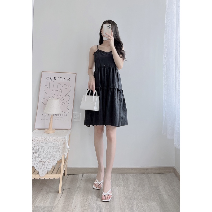 Đầm dây nữ vải dệt in nổi Kiểu babydoll Dáng xòe