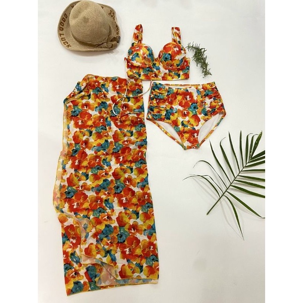 Bikini set 3 món# Đồ bơi đi biển hoa cam kèm khăn mẫu mới BM-118