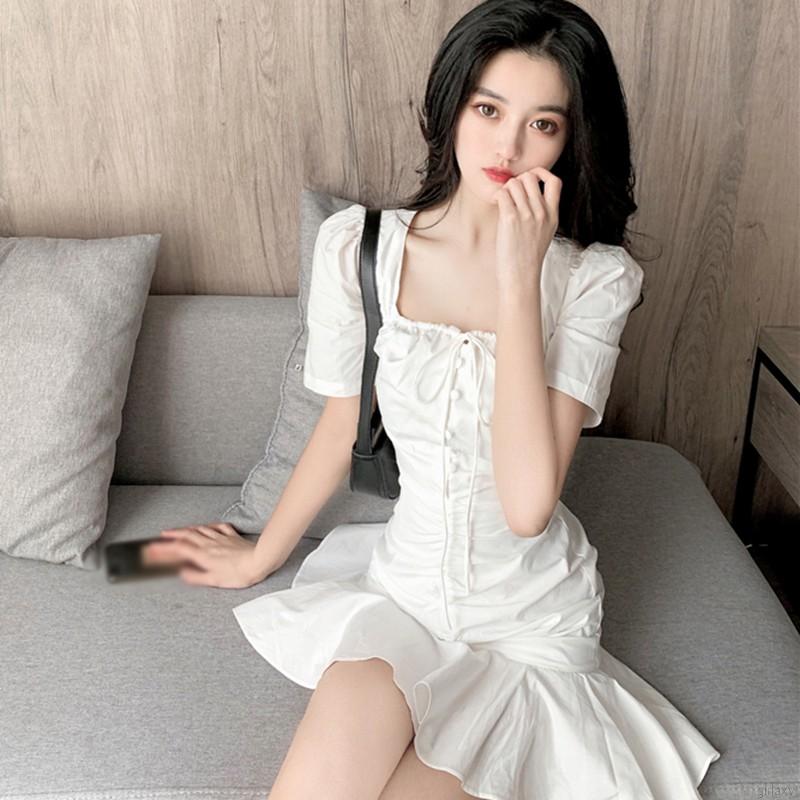 Đầm Tay Phồng Cổ Vuông Màu Trơn Phong Cách Hàn Quốc Dành Cho Nữ