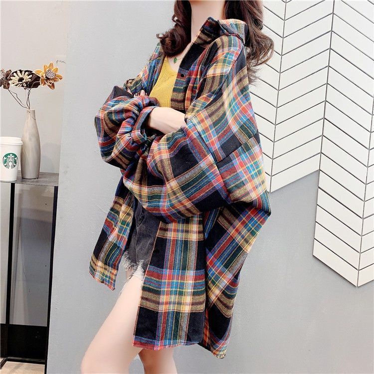 Áo sơ mi caro tay dài dáng rộng thiết kế mới phong cách retro Hàn Quốc