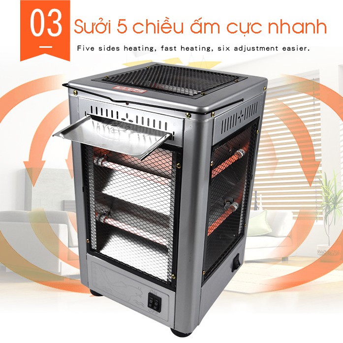 Máy sưởi - Lò sưởi 5 chiều NSB CÓ THỂ NƯỚNG ĐỒ với công suất 2000w, tự ngặt khi đổ