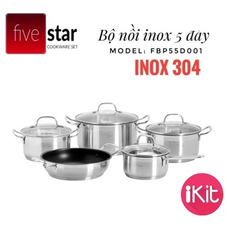 Bộ nồi inox fivestar 5 món vung kính 5 đáy inox 304. Kèm chảo chống dính 2 quai. Bảo hành 25 năm