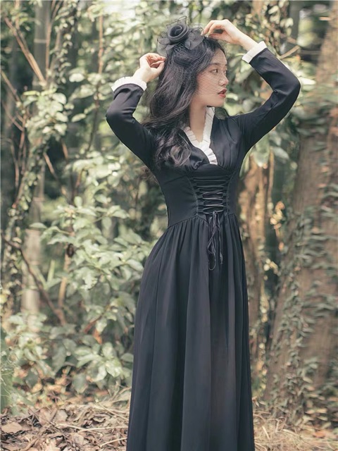 Đầm tiểu thư black basic cổ V thắt eo phối phong cách Pháp kèm ảnh thật ♥︎ | BigBuy360 - bigbuy360.vn