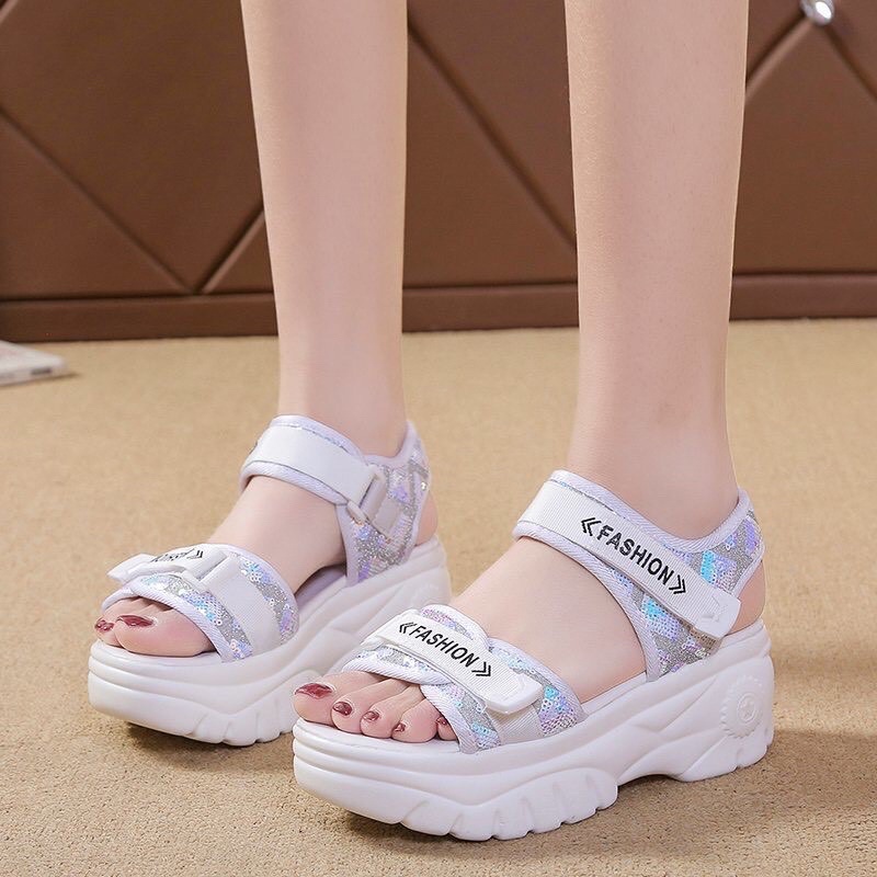 Sandal nữ độn đế kim tuyến hàng xuất sịn , dép quai hậu nữ đế cao dáng xinh