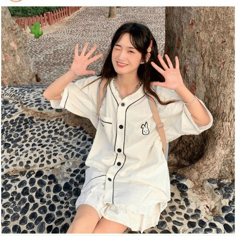 (FREE SHIP) ÁO KIỂU SƠ MI UNISEX THÊU THỎ NGỰC CHẠY VIỀN PHONG CÁCH HÀN NHẬT SIÊU ĐẸP VALENTINNA