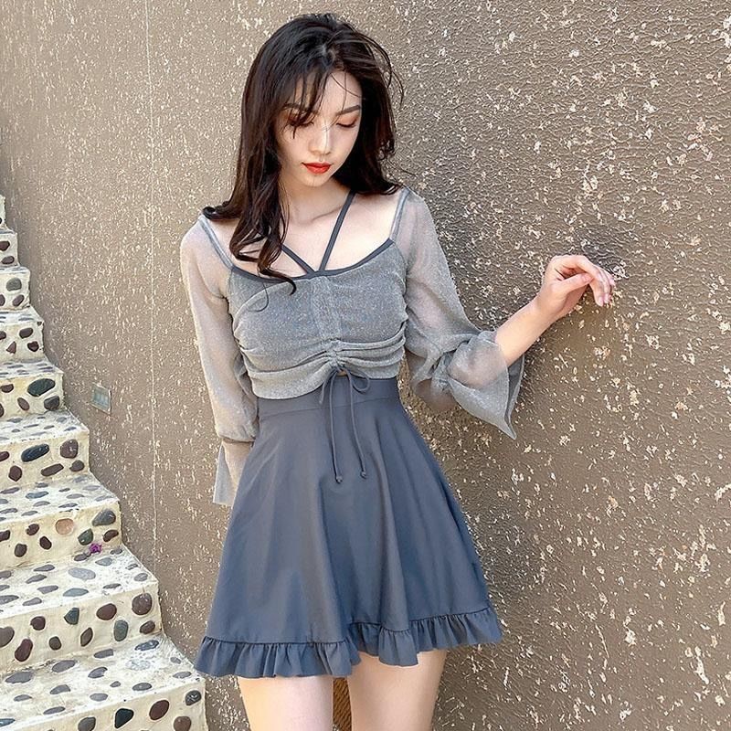Bộ Đồ Bơi Nữ Kín Đáo Liền Thân Dài Tay Ánh Nhũ - Bikini Dạng Váy Đi Biển Đẹp