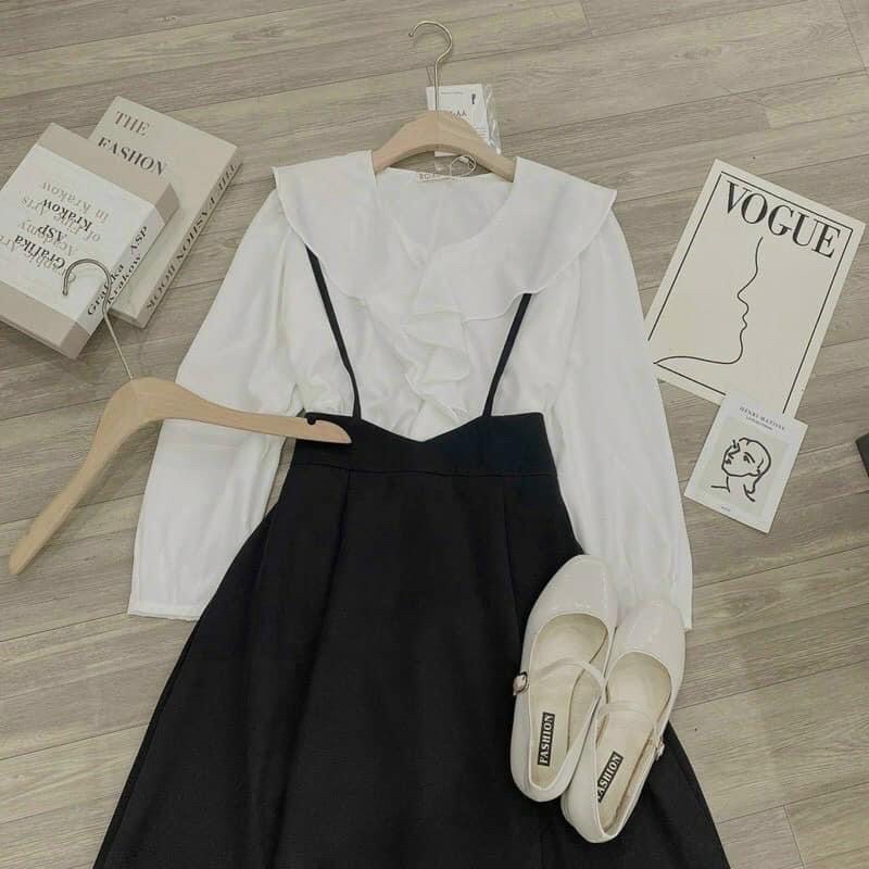 Set yếm dài qua gối phối sơ mi tay dài đi tiệc, mặc Tết, đi chơi màu đen/ màu nude