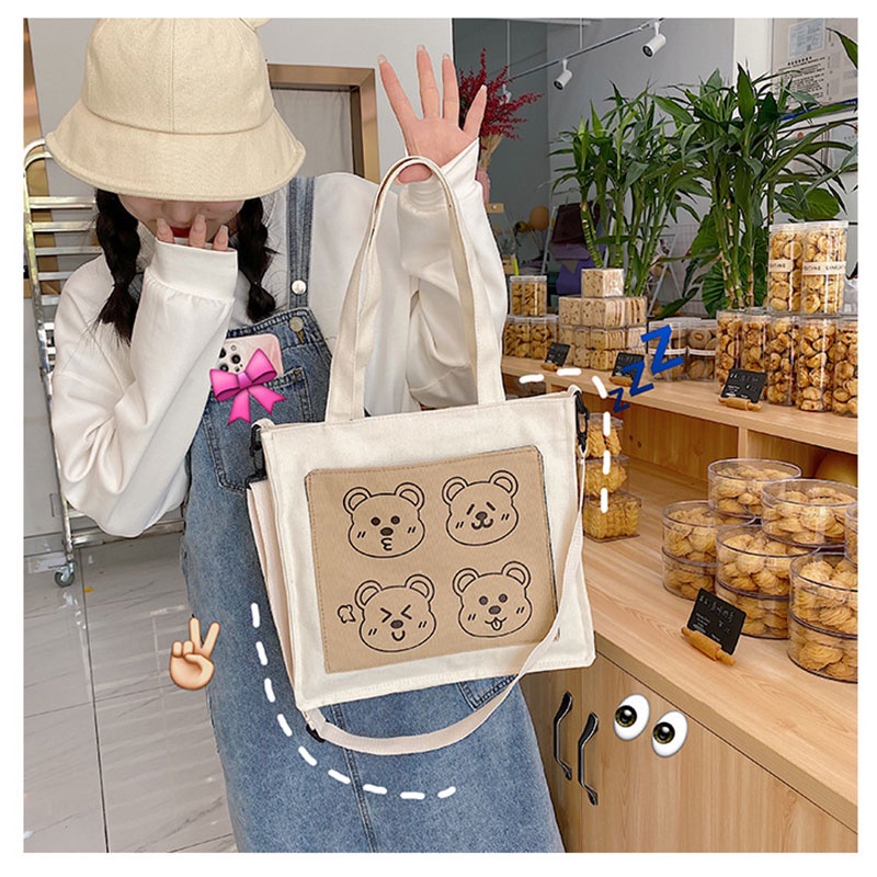 Túi đeo vai YADOU vải canvas mềm in hình gấu phong cách Nhật Bản vintage dễ thương