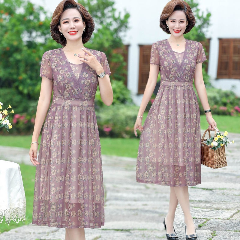 Mom mùa hè váy ngắn tay voan, thời trang trung niên và người già váy hoa thời trang phong cách phương tây