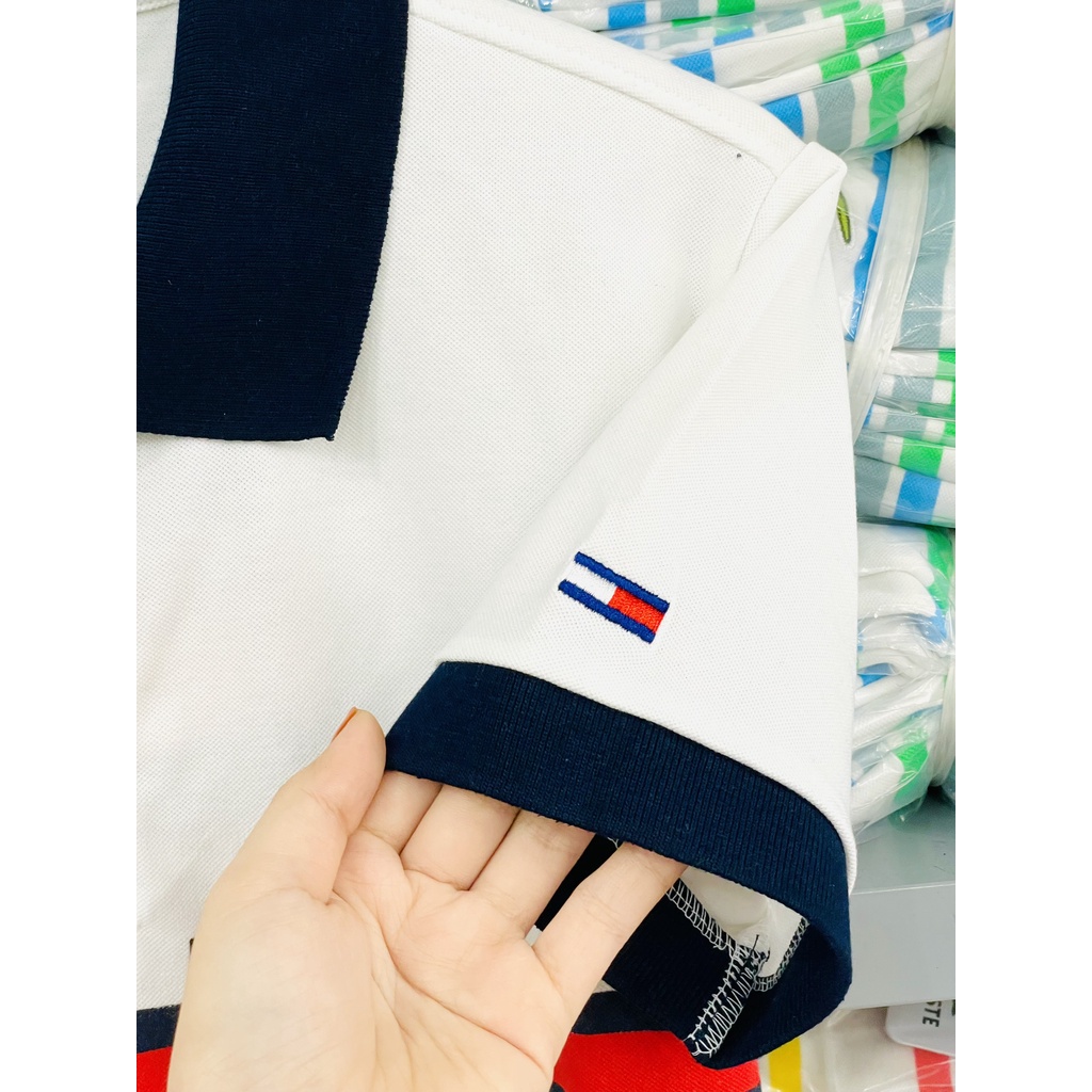 [HÌNH THẬT] ÁO THUN CỔ TRỤ TOMMY TRẮNG CỔ XANH VNXK   - COTTON CÁ SẤU 100%