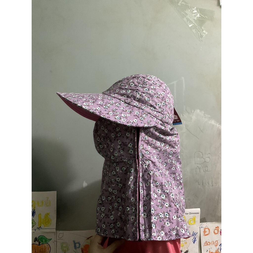 Khẩu trang nón Duy Ngọc vành rộng chất liệu cotton, hoa nhỏ, dây kéo 1 bên, màu ngẫu nhiên thích hợp mọi thời tiết