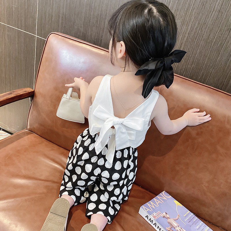 Set áo croptop buộc nơ phía sau, bộ quần chấm bi  và áo sát nách cho bé gái B50 - HanK Kids