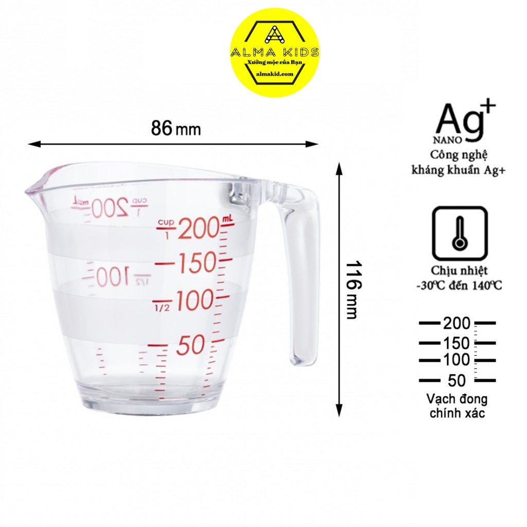Cốc đong ml nhựa cốc chia vạch định lượng 200ml 500ml an toàn tiện dụng