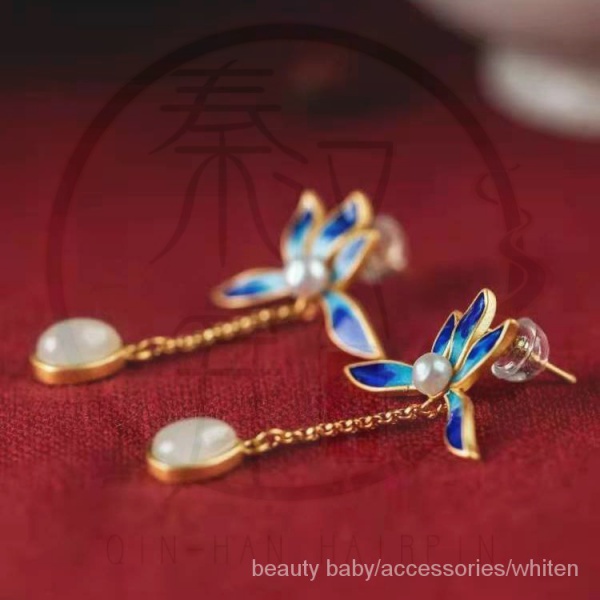 Khuyên tai tua rua đính ngọc bích vàng bạc phong cách cổ điển cho nữ