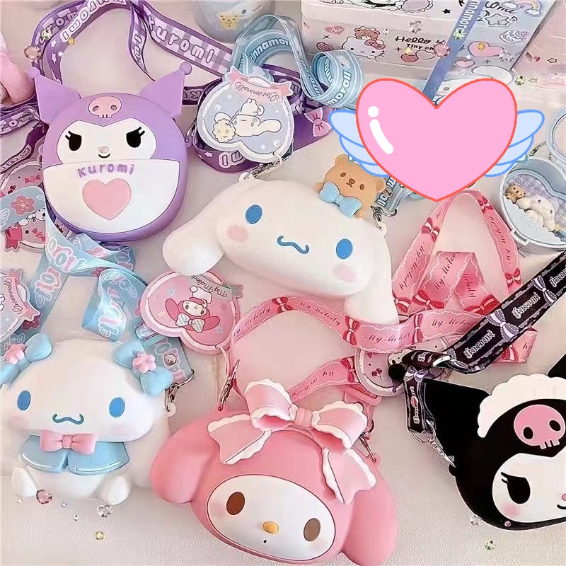 Túi Đeo Chéo Đựng Tiền Xu Son Môi Chìa Khóa Bằng Silicon Hình Sanrio Melody Kuromi Hello Kitty Cinnamoroll Cho Học Sinh
