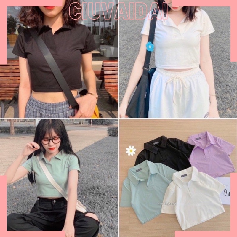 [Áo Nữ] Áo croptop polo cổ bẻ trơn 4 màu hot trend | BigBuy360 - bigbuy360.vn