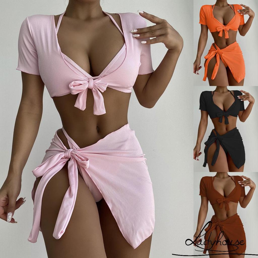 LD-4 Pcs Women Bathing Suits, Adults Tie-up Padded Solid Color Halter Bra + Crop Tops + Sarong + Thong