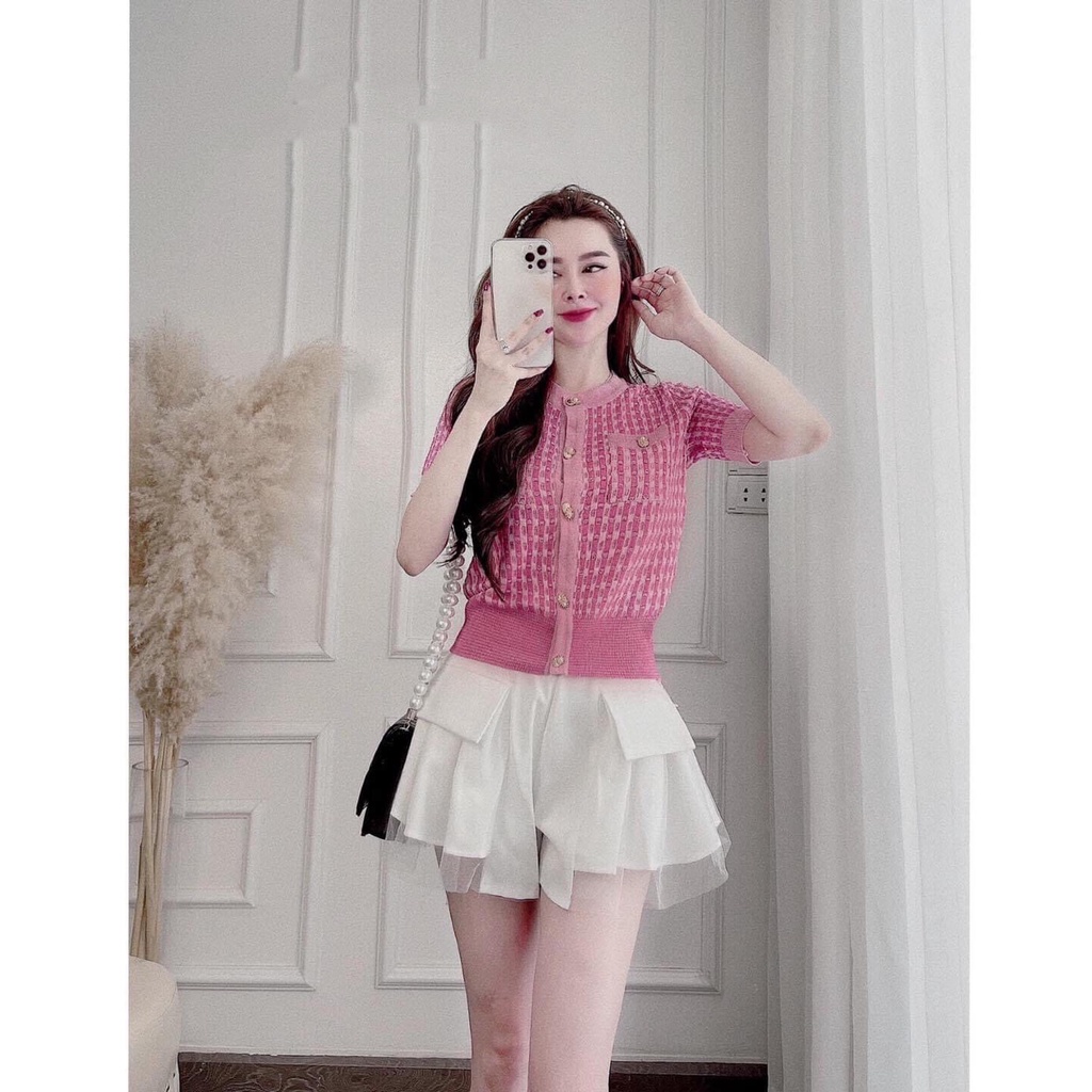 [ÁO CARDIGAN] Cadigan Nữ, Áo Dệt Kim Ngắn Tay Len Mỏng Màu Hồng Siêu Sang Chảnh