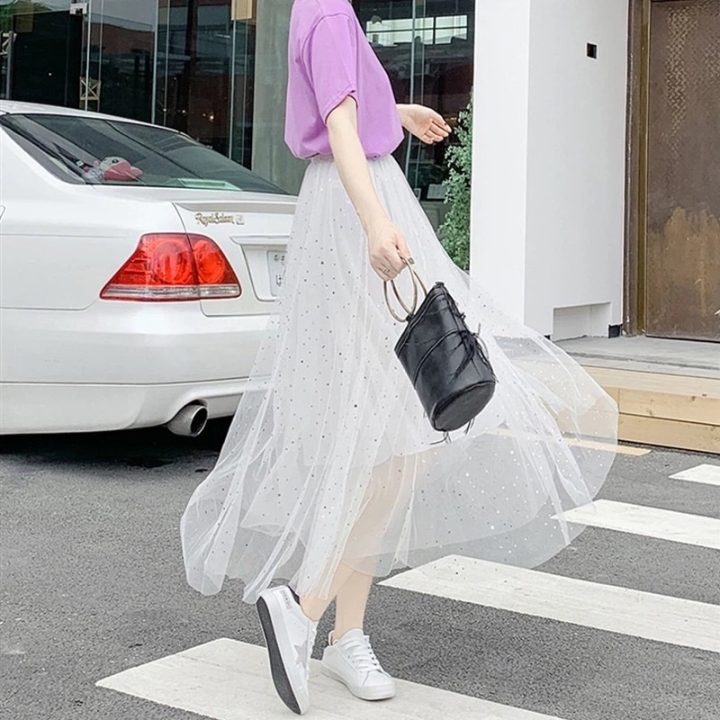 Chân váy Midi xòe dáng dài màu ghi, be, trắng Bling Bling lấp lánh cạp chun đi làm đi chơi đi học phong cách Hàn Quốc