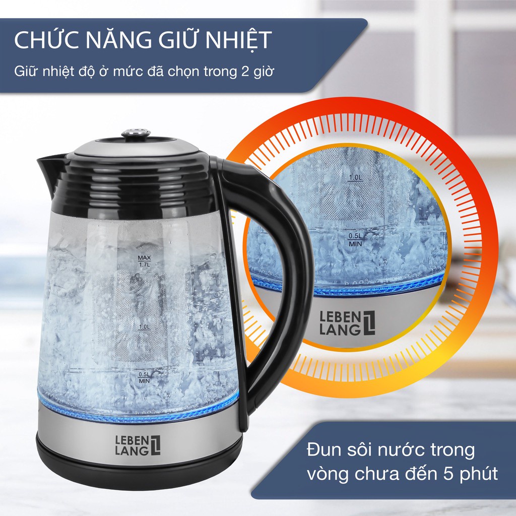 Ấm siêu tốc thủy tinh 1.7L LEBENLANG kèm lõi lọc, điều khiển nhiệt độ, BH 2 năm - LB2676