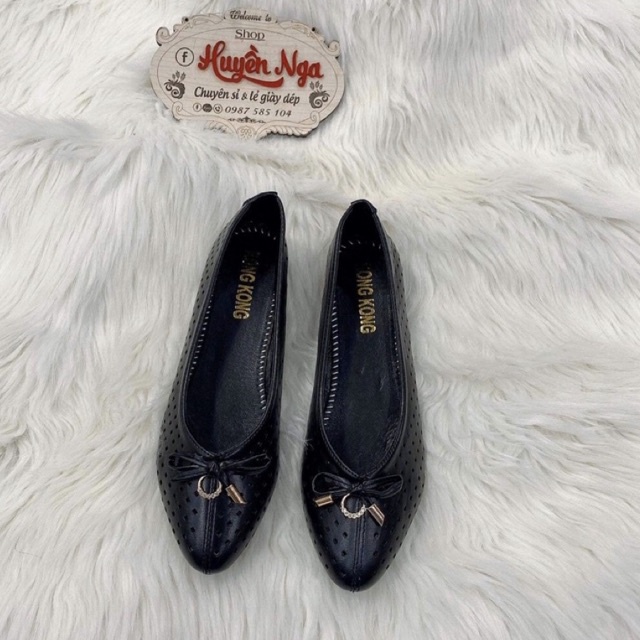 Giày búp bê nữ, giày bệt thoáng lỗ mùa hè màu đen mũi nhọn