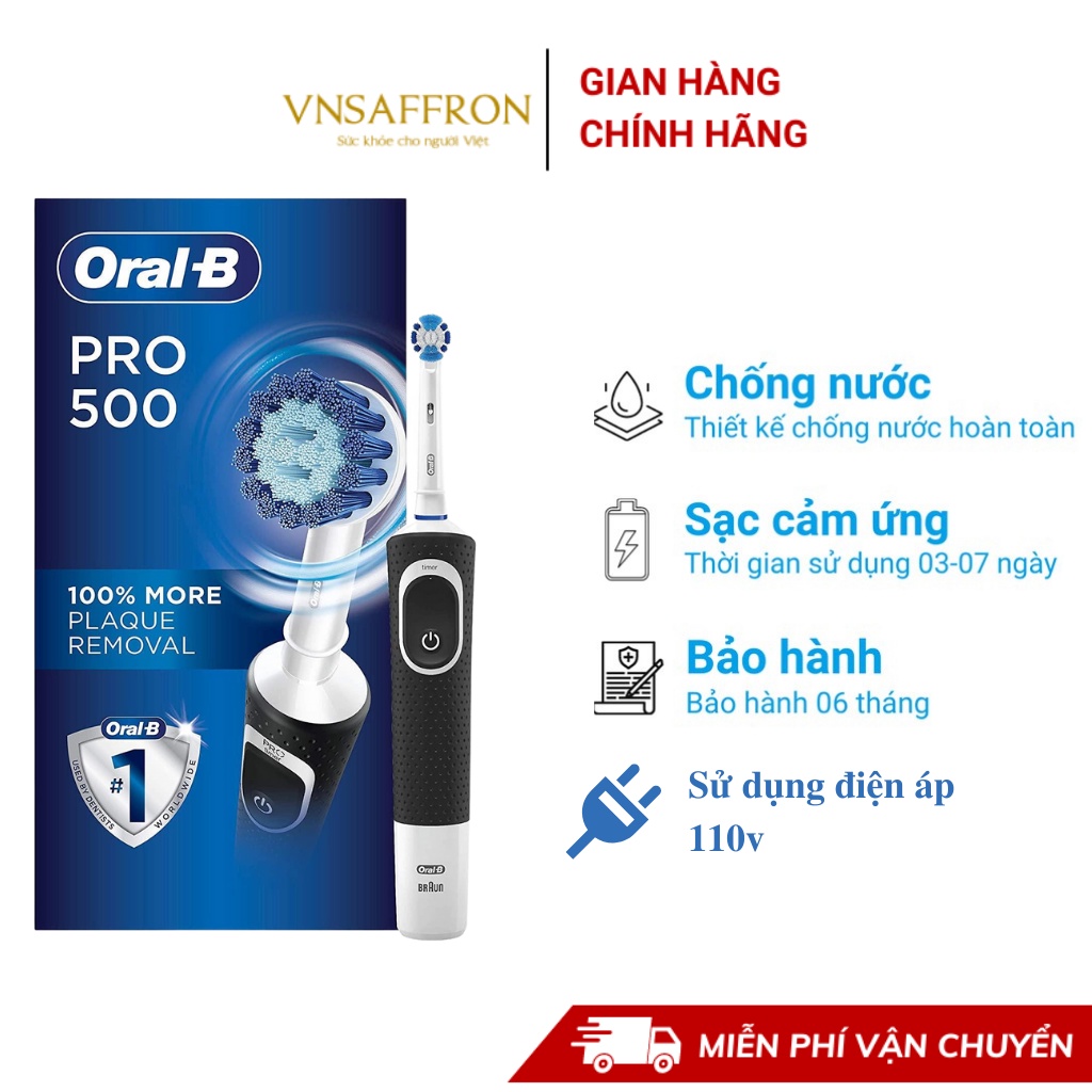 Bàn chải điện đánh răng tự động Oral B Pro 500 đen làm sạch răng, hạn chế viêm nướu