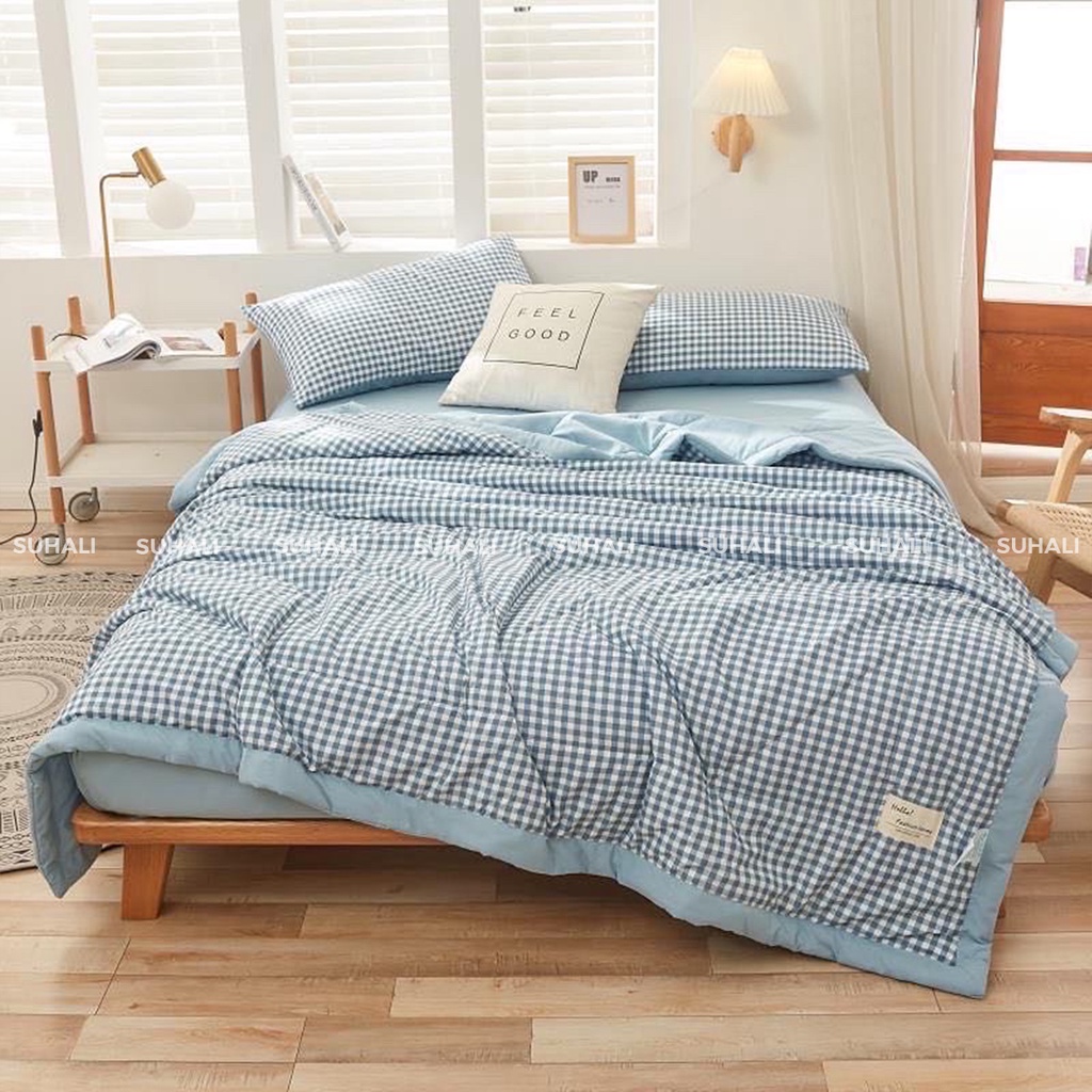 Bộ chăn ga giường cotton tici SUHALI họa tiết kẻ gồm mền chần bông, ga giường và 2 vỏ gối