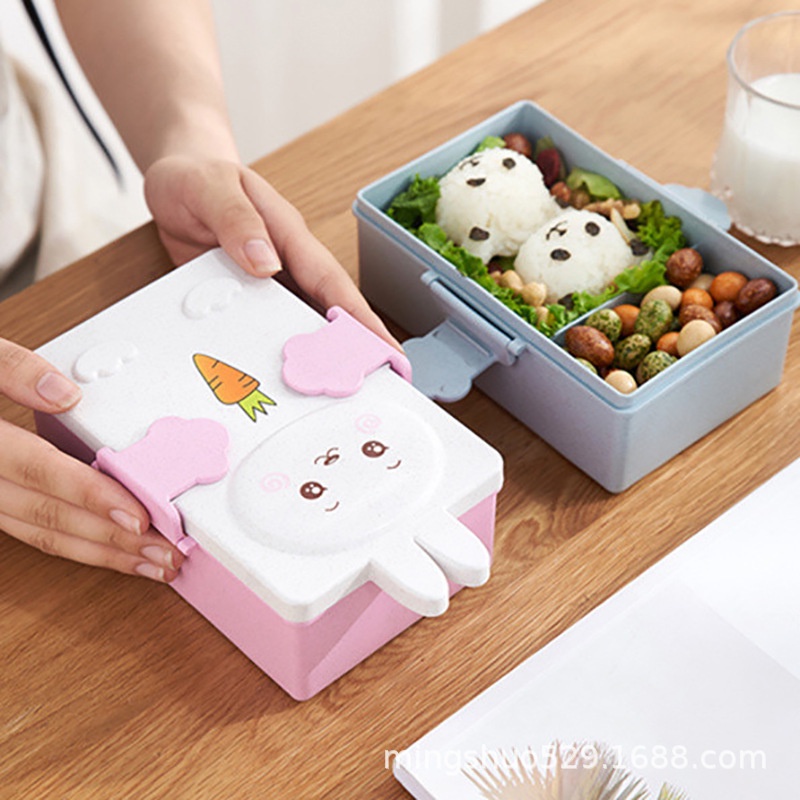 Hộp đựng cơm 2 ngăn lúa mạch kèm đĩa muõng nĩa hình thú