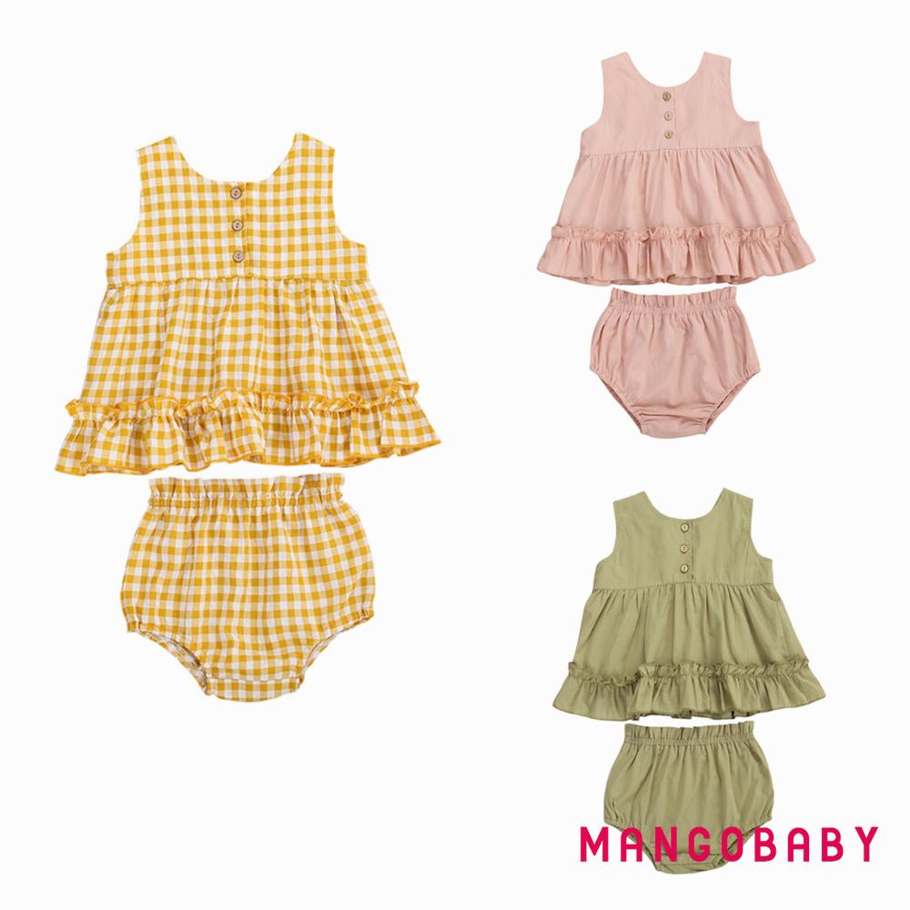 MG-Baby Girl’s Shirt High-Waist Shorts Suit, O-Neck Ruffle Hem Sleeveless Buttons Summer Clothes