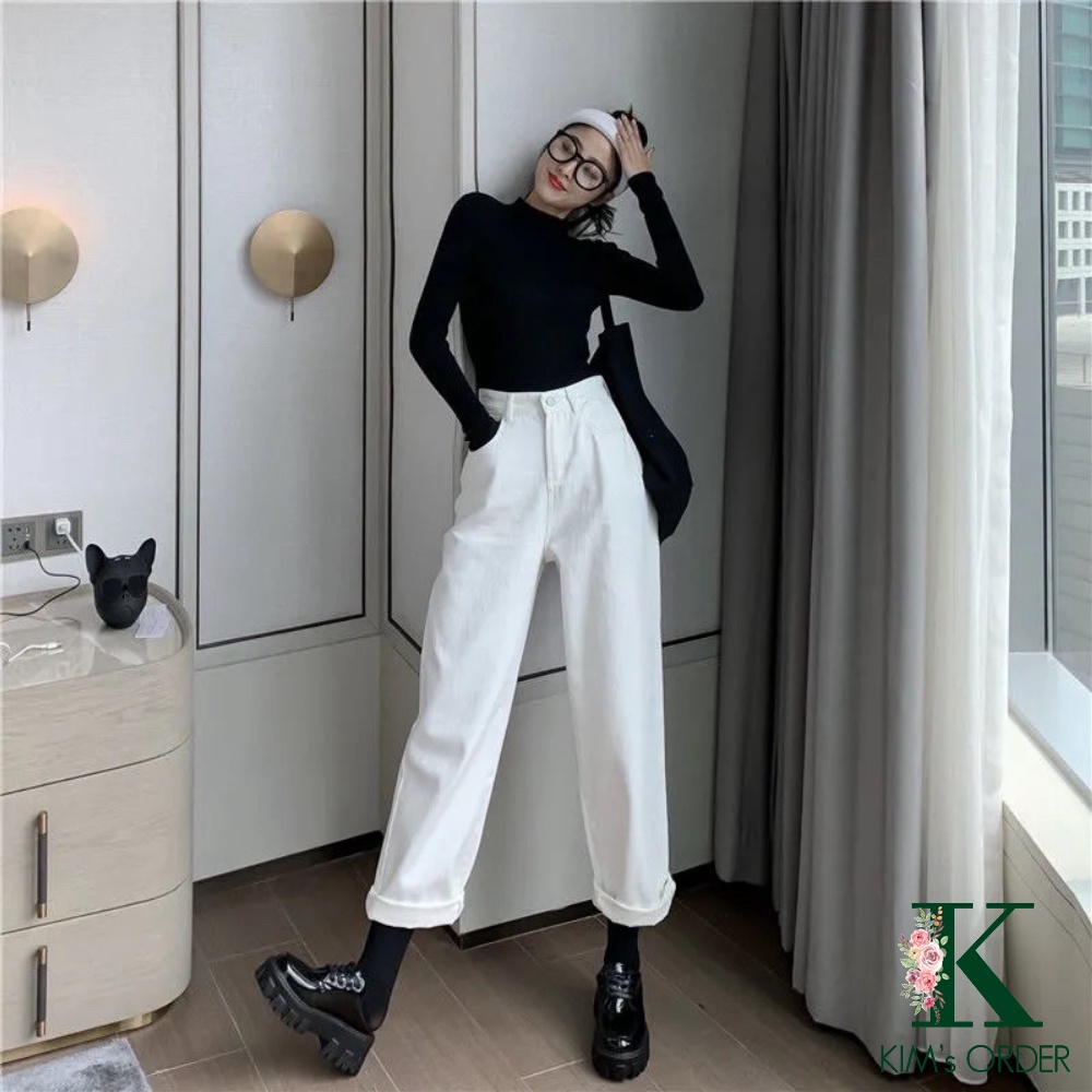 Quần Jean Nữ Màu Trắng Đen Trơn Basic Ống Suông Đứng Lưng Cao Phong Cách Ulzzang Hàn Quốc Đi Học Đi Làm Năng Động