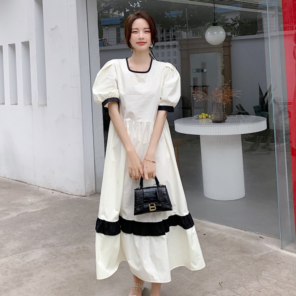 Đầm váy nữ babydoll dáng xòe cộc tay kiểu màu trắng be phối viền đen nổi phong cách thời trang Ulzzang | WebRaoVat - webraovat.net.vn