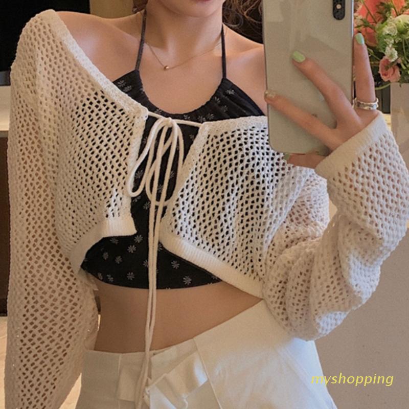 Áo Lưới Ren Lỗ Croptop Tay Dài Cổ Chữ V Phía Trước Cho Nữ