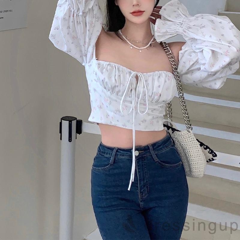 Áo croptop cổ vuông tay phồng cột dây trước in họa tiết hoa phong cách cổ điển thời trang cho nữ