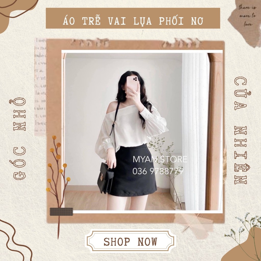 Áo Trễ Vai Lụa Dài Tay Thắt Nơ Vai Cúc Ng.ọc (ẢNH THẬT+VIDEO)