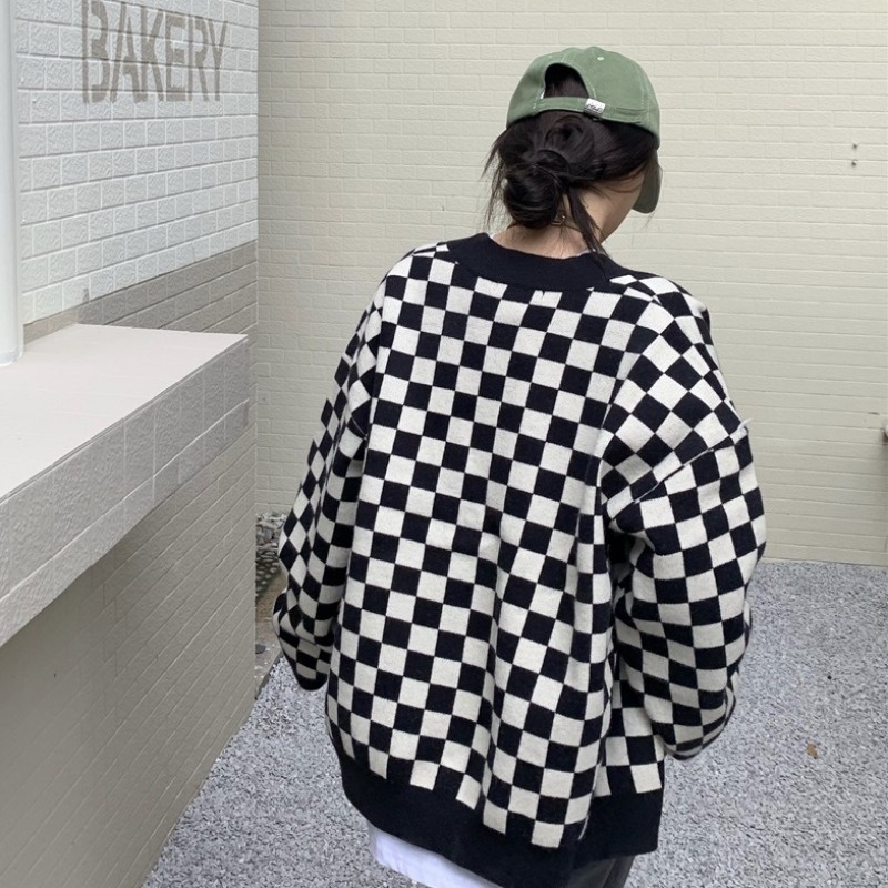 Áo Cardigan Dệt Kim Họa Tiết Caro Thời Trang Becky