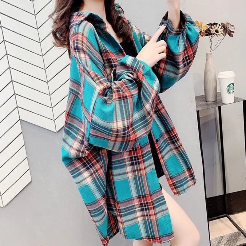 Áo sơ mi caro tay dài dáng rộng thiết kế mới phong cách retro Hàn Quốc