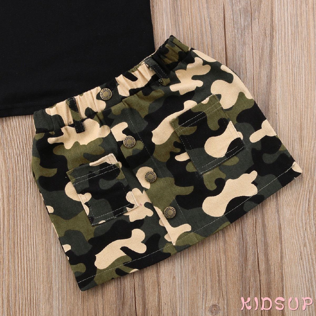 Bộ áo thun + chân váy màu camo cho bé gái