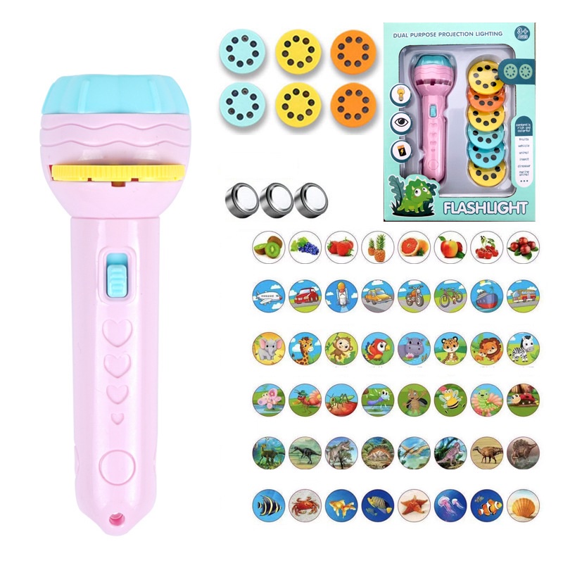 Đồ chơi đèn pin chiếu hình chiều phim 6-10 cuộn phim chủ đề động vật-hoa quả-giao thông-khủng long cho bé