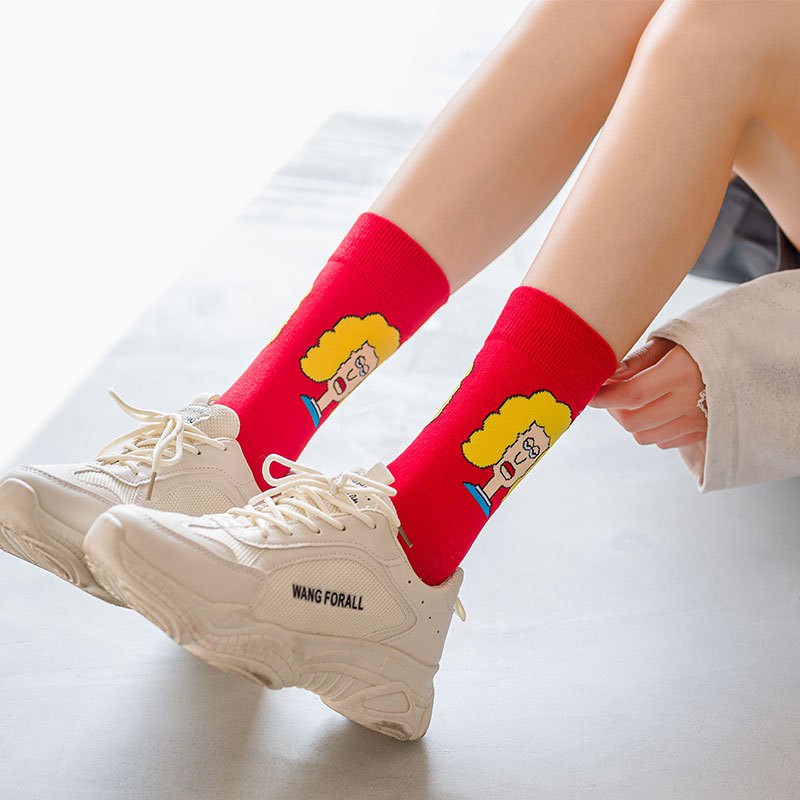 Vớ cotton cổ vừa WAFNHA D140 họa tiết hoạt hình dễ thương thời trang