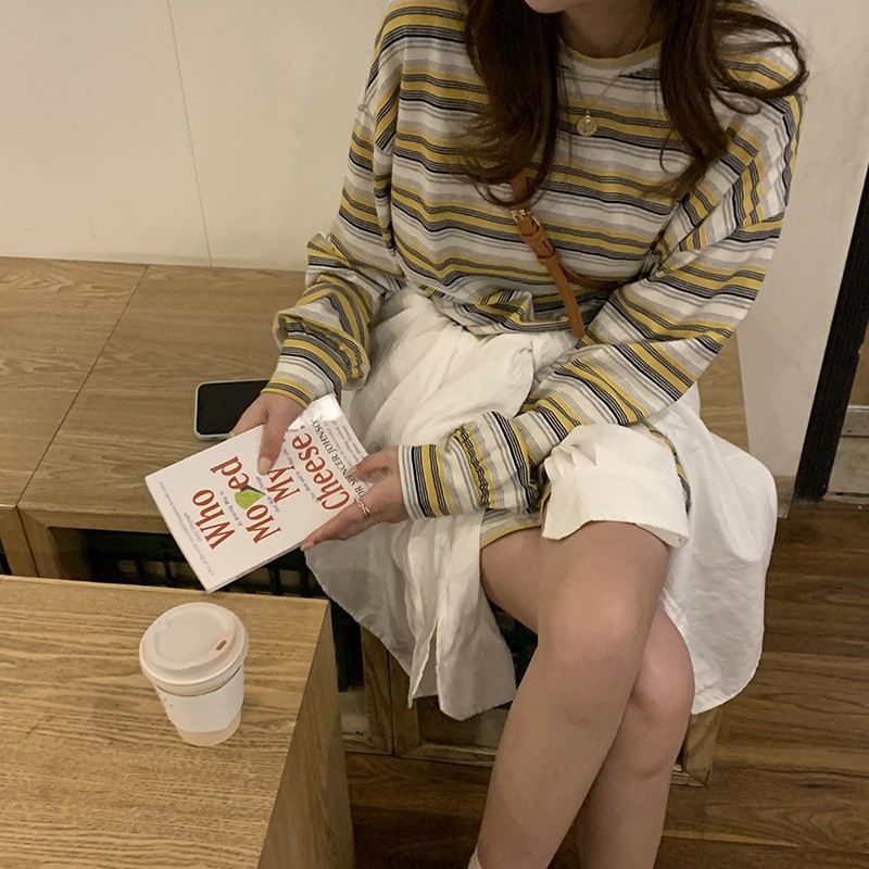 Áo thun Giấu quần Nữ Tay dài Kẻ sọc Form rộng Cổ trong Cotton Ulzzang Hàn Quốc Áo Phông thun Nữ giấu quần Thời trang