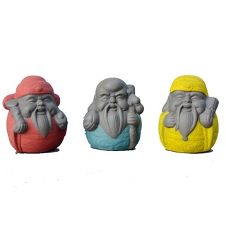 Bộ tượng Tam đa Phúc Lộc Thọ mini bằng gốm tử sa, tượng gốm nhỏ trang trí khay trà, bàm làm việc, ô tô