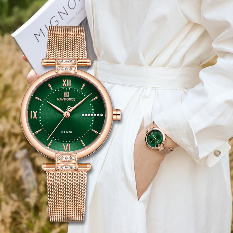 2021 NAVIFORCE Đồng hồ nữ mới màu xanh lá cây thời trang đơn giản sang trọng đồng hồ đeo tay nữ thạch anh 3atm Không thấm nước