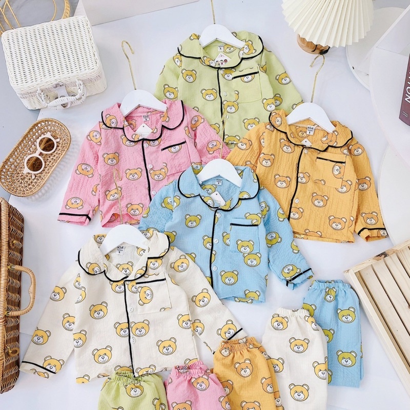 Bộ pizama hình gấu con, bộ ngủ dài tay hình gấu con cho bé trai và gái 8-20kg