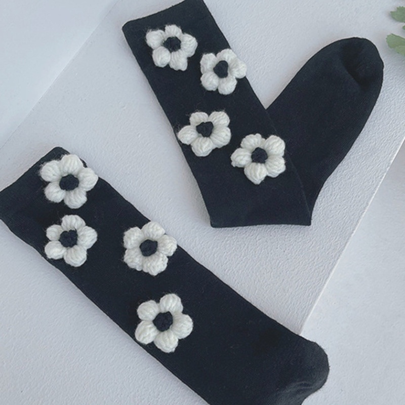 Youyo Vớ Dài Đến Bắp Chân Bằng Len Móc 3D Dễ Thương Harajuku Nhật Bản Màu Trắng Đen Hình Hoa Cho Nữ Sinh St