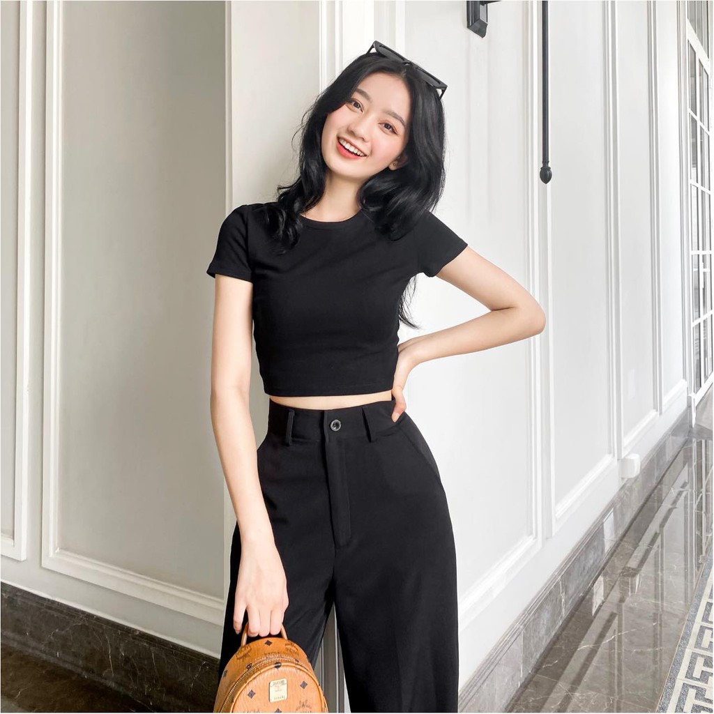 Áo croptop trơn dáng ngắn ôm nữ tay ngắn Freesize vải thun co dãn