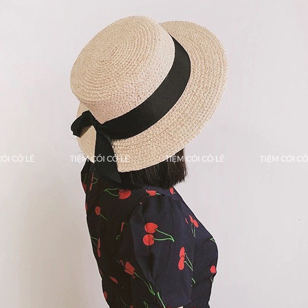 Nón cói đi biển cỏ rafia vành rộng 8cm đai nơ xinh - Tiệm Cói cô Lê