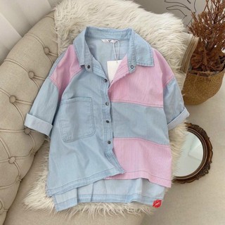 Áo sơ mi jeans phối xanh hồng chất mát siêu hot cho nữ