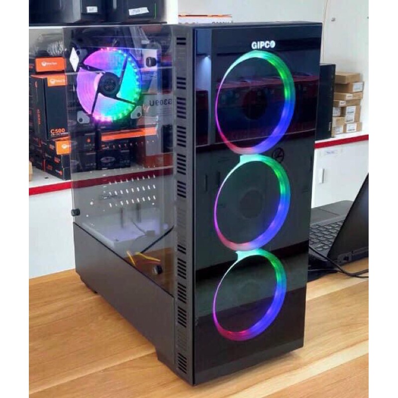 Vỏ case máy tính VSP KA-180 đen LED RGB-Kính Cường Lực/GIPCO 5986LH 2 mặt kính cường lực+3 Fan Led