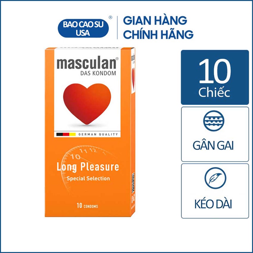 Bao cao su kéo dài thời gian có gân và chấm hạt Masculan Long Pleasure - Hộp 10 bao (Chính Hãng)