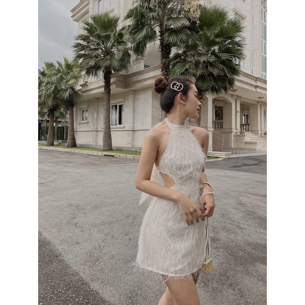 [LO02] Đầm Tua Rua Cổ Yếm Thắt Nơ Khoét Eo Hở Lưng - Vải Lông Bông Tuyết - 3 Màu Đen, Đỏ, Trắng - Cho Nàng Đi Tiệc | BigBuy360 - bigbuy360.vn